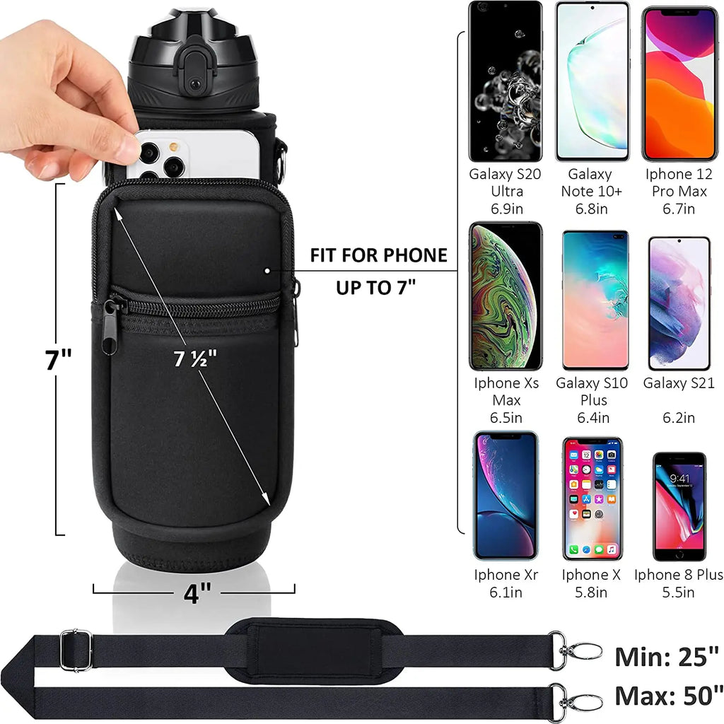 32 oz Motivational Water Bottle with Sleeve – Leakproof BPA-Free Bottle with Straw, Time Marker & Adjustable Strap Carrier (1L)