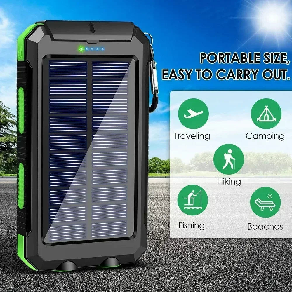 Solar Power Bank – Waterproof, Fast Charging, High-Capacity Powerbank with SOS & LED Light for Outdoor Survival