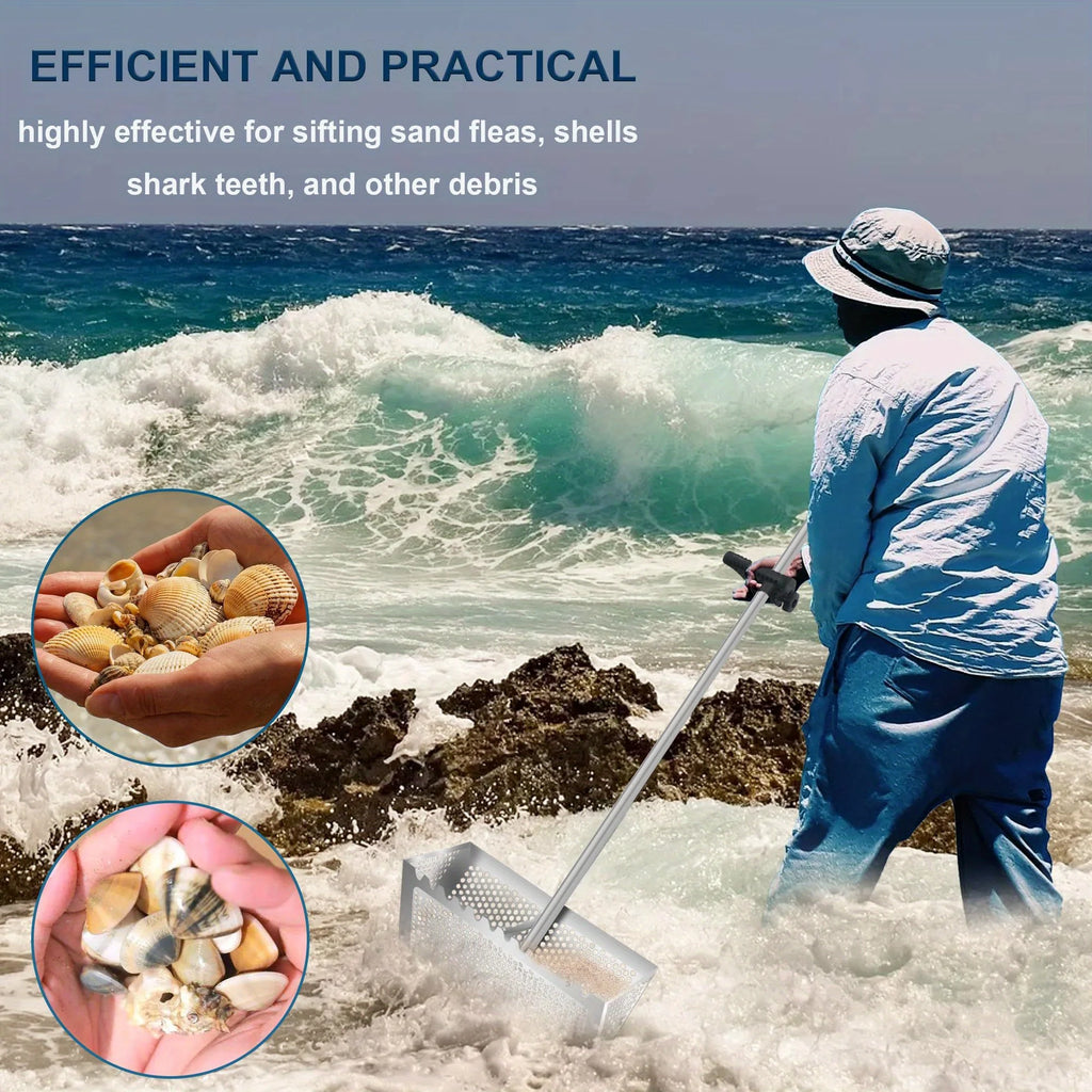 Premium Stainless Steel Sand Flea Rake & Beach Sand Scoop – 16" Wide, Anti-Rust, Ergonomic Design for Treasure Hunting & Metal Detecting