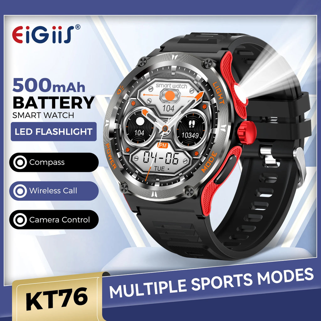 EIGIIS KT76 Smart Watch β 3ATM Waterproof Outdoor Fitness Tracker with Compass, Flashlight, Bluetooth Calling & Health Monitoring