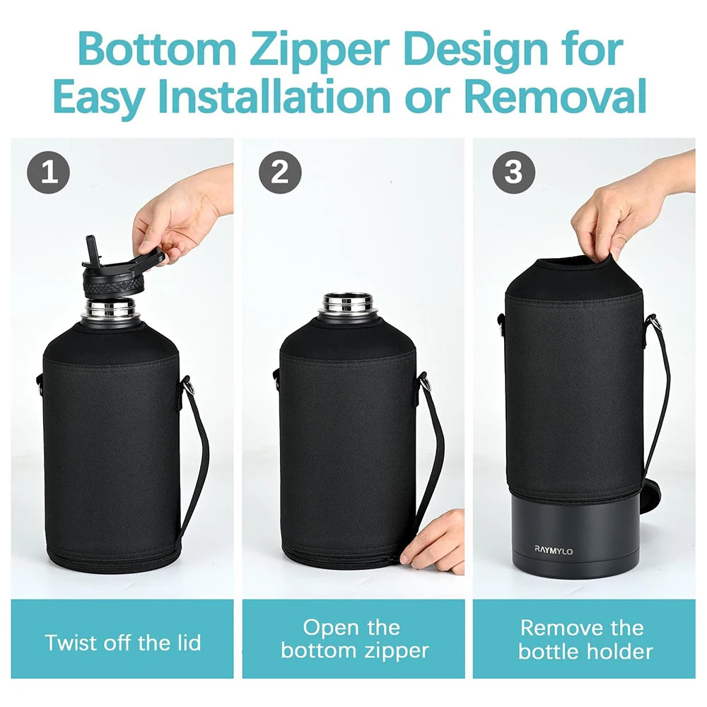 64oz / 128oz Insulated Water Bottle Carrier Bag with Strap – Protective Neoprene Sleeve for Thermos, Mug & Tumbler – Crossbody Holder for Hiking, Camping & Outdoor Use (Black)
