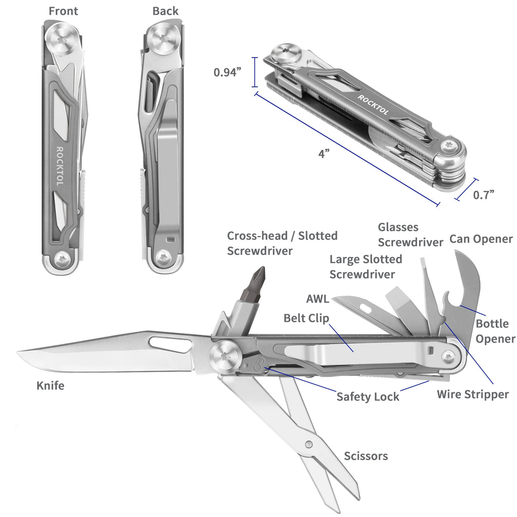 ROCKTOL ST02 12-in-1 Folding Multitool Pocket Knife – Titanium-Plated Handle, Stainless Steel Blade