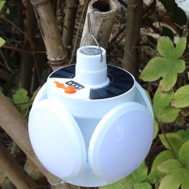 Solar Folding LED Camping Lantern – USB Rechargeable Emergency Light with 5 Modes & Hook (2400mAh, Waterproof, Remote Optional)