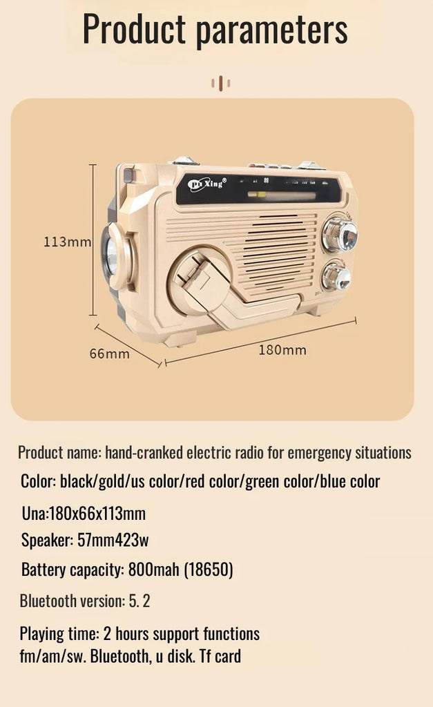 Hand Crank Emergency Weather Radio with Bluetooth – Solar/USB Rechargeable, Portable Power Bank