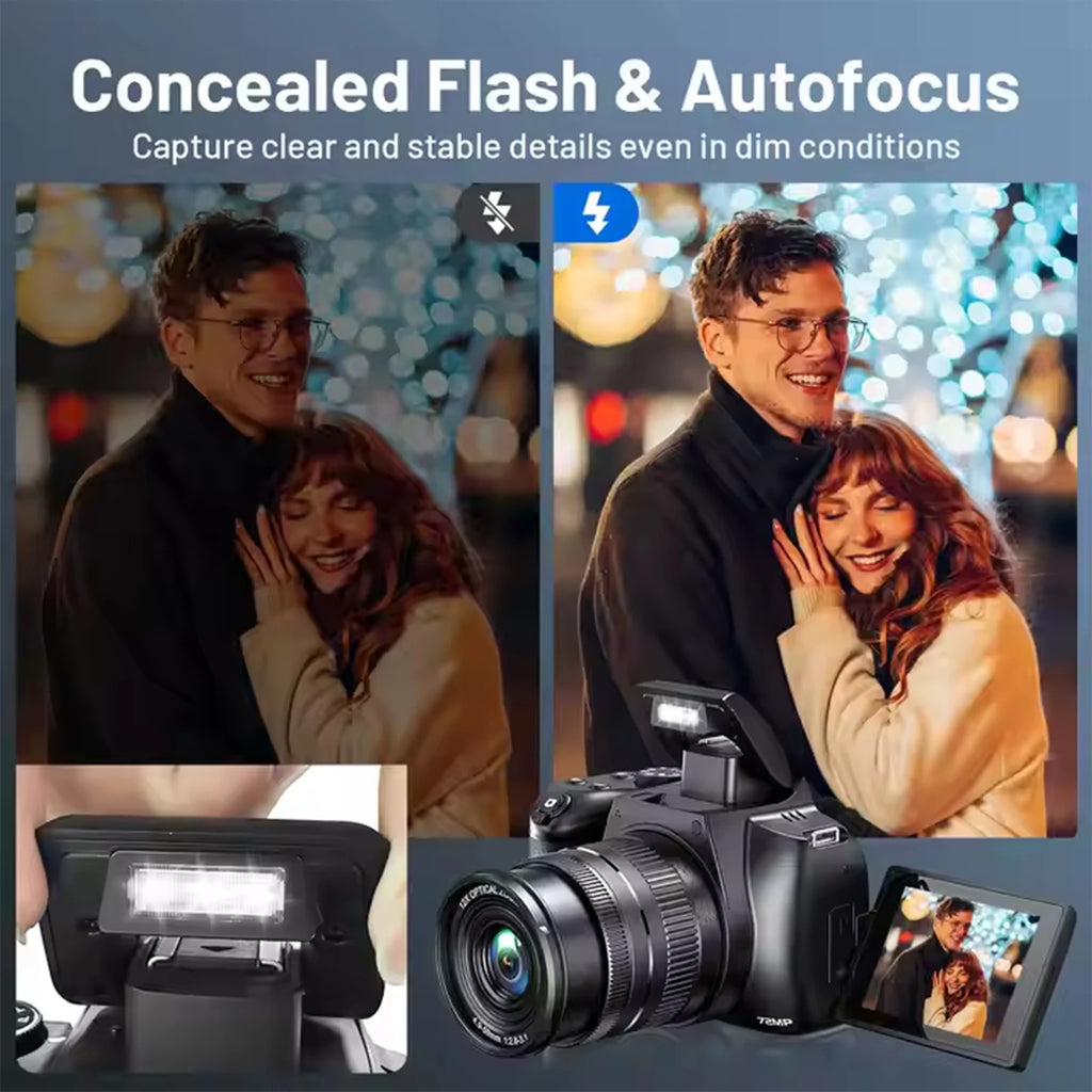 4K HD Digital Camera with Auto Focus & 12X Optical Zoom – 72MP Vlogging Camera for YouTube & Photography