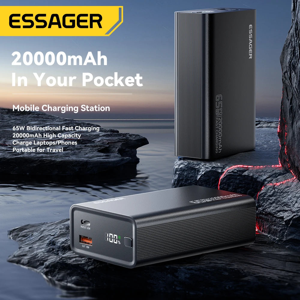 Essager 20000mAh 65W PD Power Bank – Fast Charging Portable Battery with Built-in Cables & LED Lamp