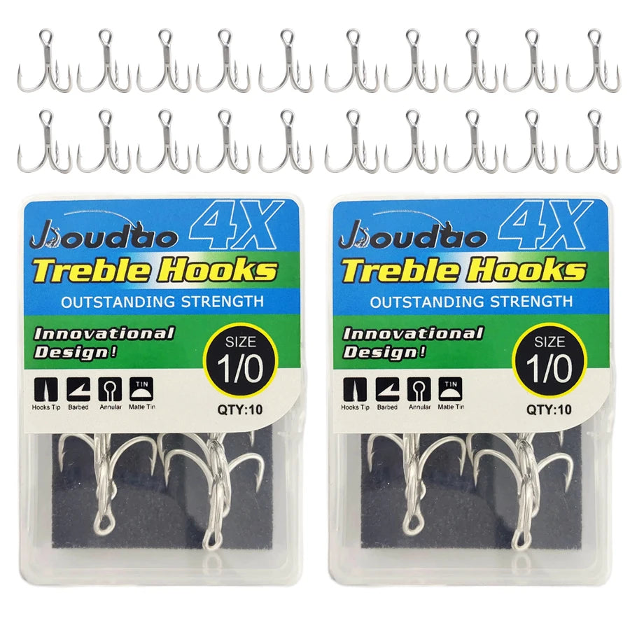 4X Strong High Carbon Steel Treble Hooks (20pcs / 2 Boxes) – Ultra Sharp Saltwater & Freshwater Fishing Hooks