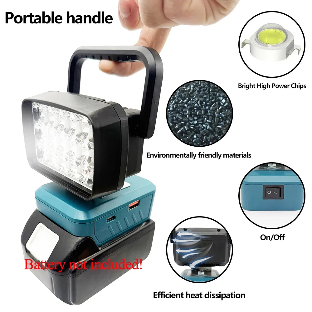 18-LED Portable Work Light – Compatible with Makita, Milwaukee & DeWalt 18V/20V Batteries – 1500LM Spotlight Torch with USB Output