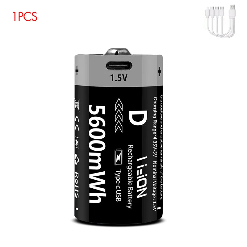 MATOV USB Rechargeable D Size Battery – 1.5V 5600mWh LR20 Lithium-ion D-Cell (2 or 4 Pack)