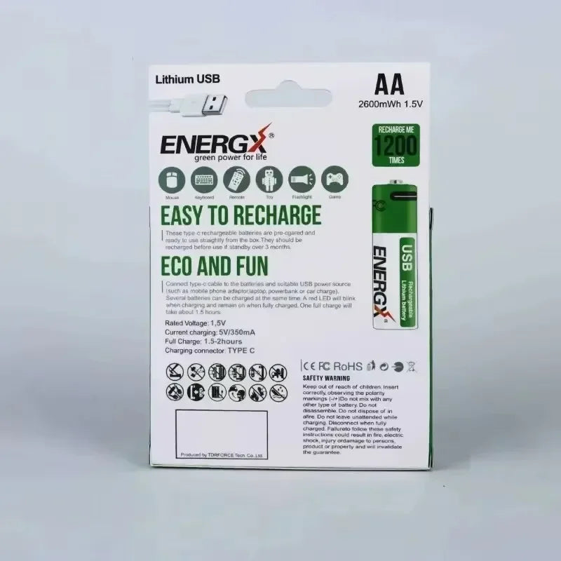 TDRFORCE AA/AAA 1.5V USB Rechargeable Lithium Batteries – 2600mWh/750mWh (4-Pack, CE Certified)