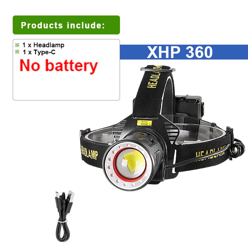 Ultra-Bright XHP360 LED Rechargeable Headlamp – 55,000,000 Lumens | 5000M Long-Range Beam | USB-C Powered