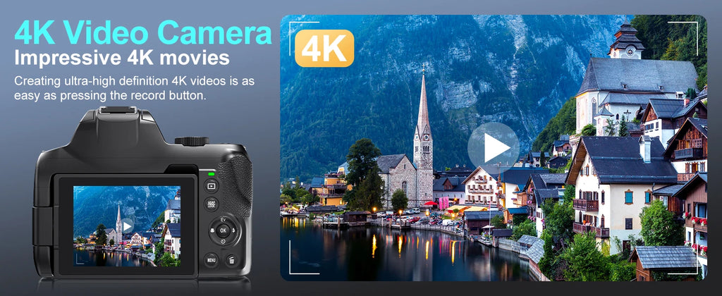 4K HD Digital Camera with Auto Focus & 12X Optical Zoom – 72MP Vlogging Camera for YouTube & Photography