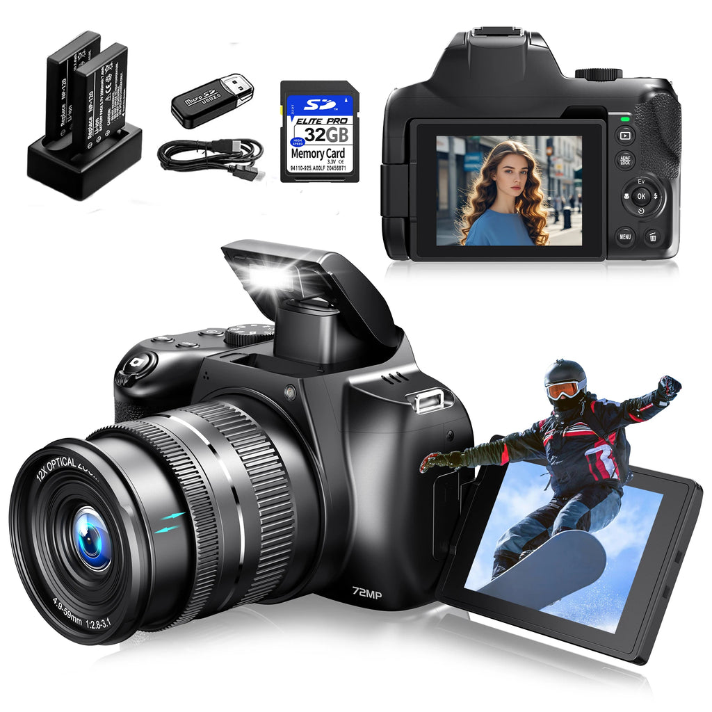 4K HD Digital Camera with Auto Focus & 12X Optical Zoom – 72MP Vlogging Camera for YouTube & Photography