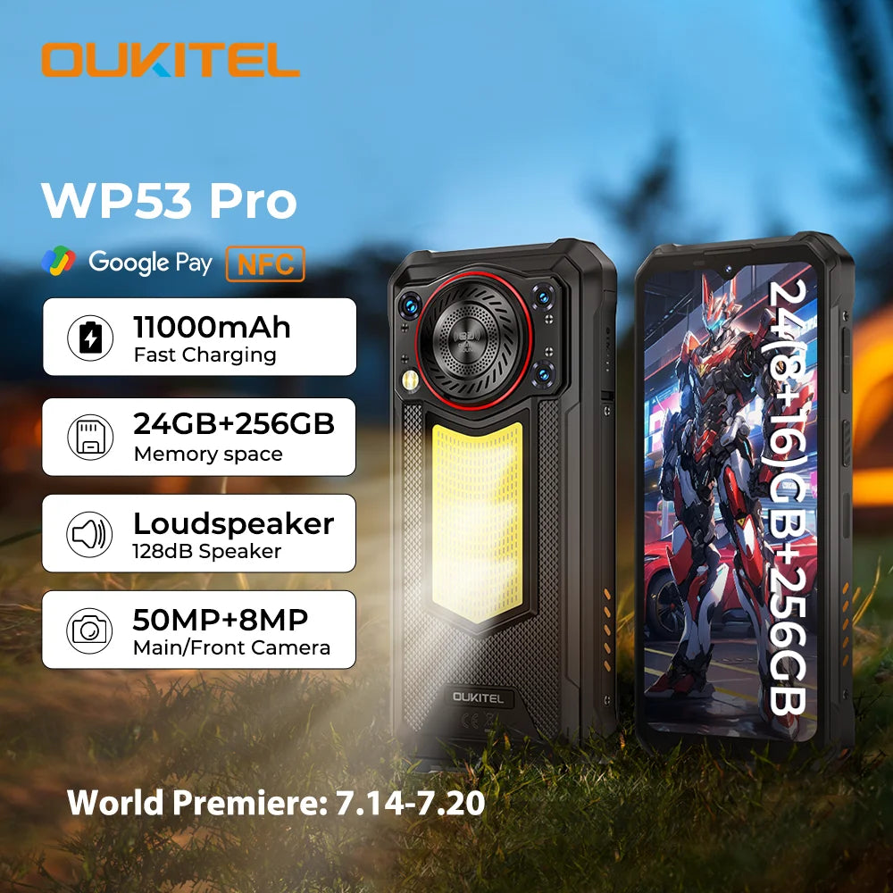 OUKITEL WP53 PRO Rugged Smartphone – 24GB+256GB, 11000mAh Battery, Android 15, 6.52" HD Display, 50MP Camera, NFC
