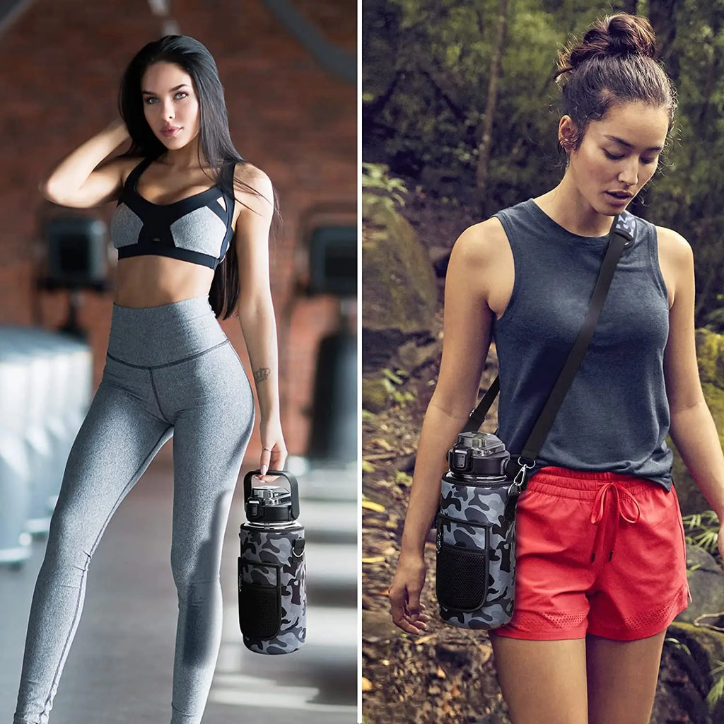 Half Gallon Motivational Water Bottle with Sleeve – 64oz Leak-Proof BPA-Free Bottle with Straw, Time Markers & Adjustable Strap