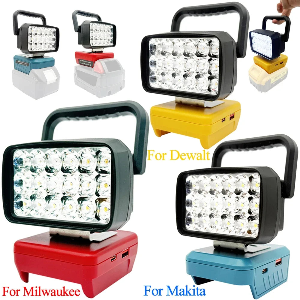 18-LED Portable Work Light – Compatible with Makita, Milwaukee & DeWalt 18V/20V Batteries – 1500LM Spotlight Torch with USB Output