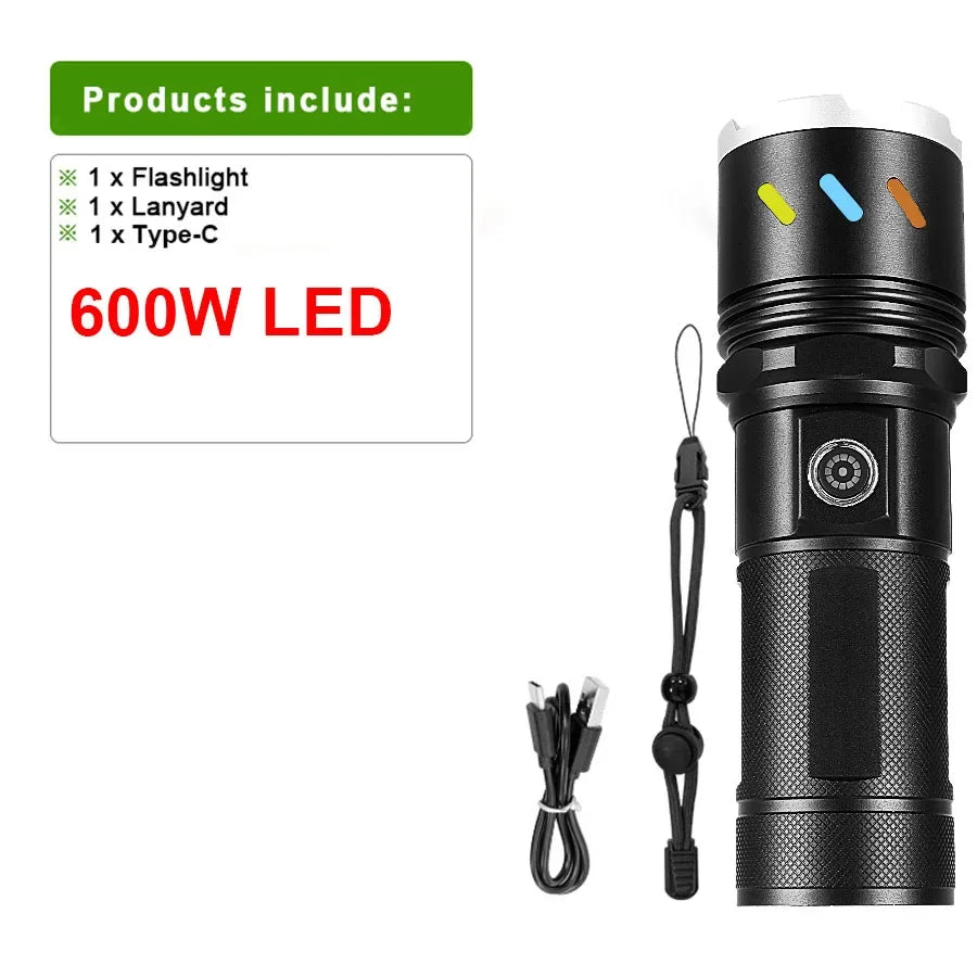 9000000LM Rechargeable Tactical LED Flashlight β 600W, Long-Range Beam, 12000mAh Power Bank, Waterproof & Zoomable