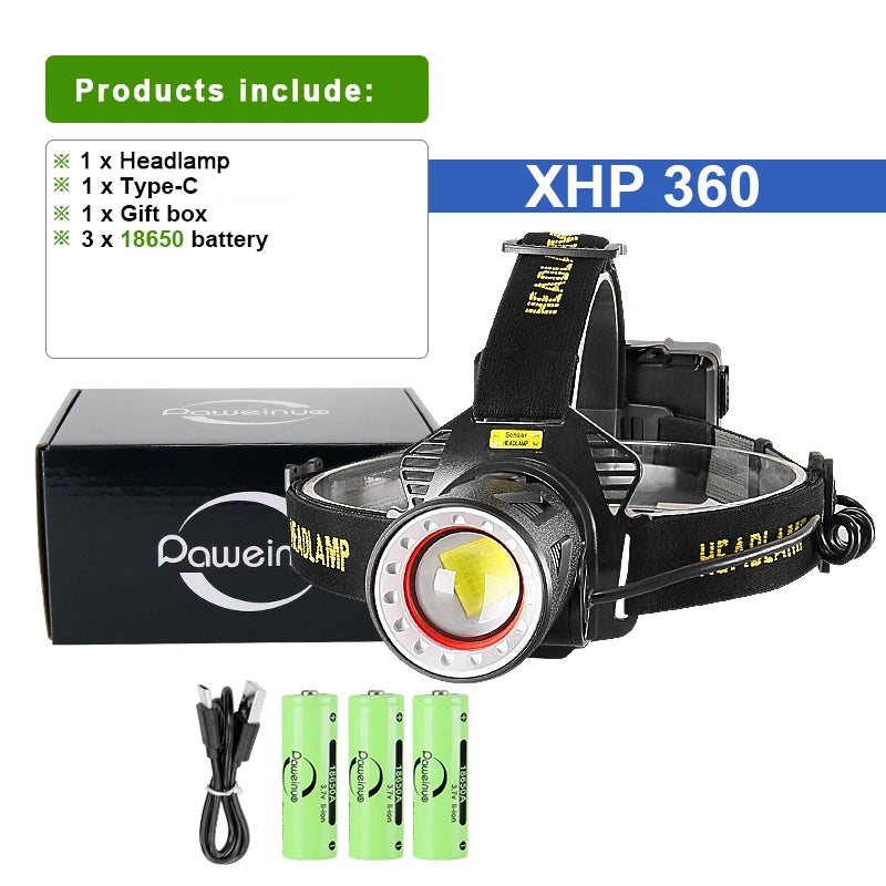 Ultra-Bright XHP360 LED Rechargeable Headlamp – 55,000,000 Lumens | 5000M Long-Range Beam | USB-C Powered
