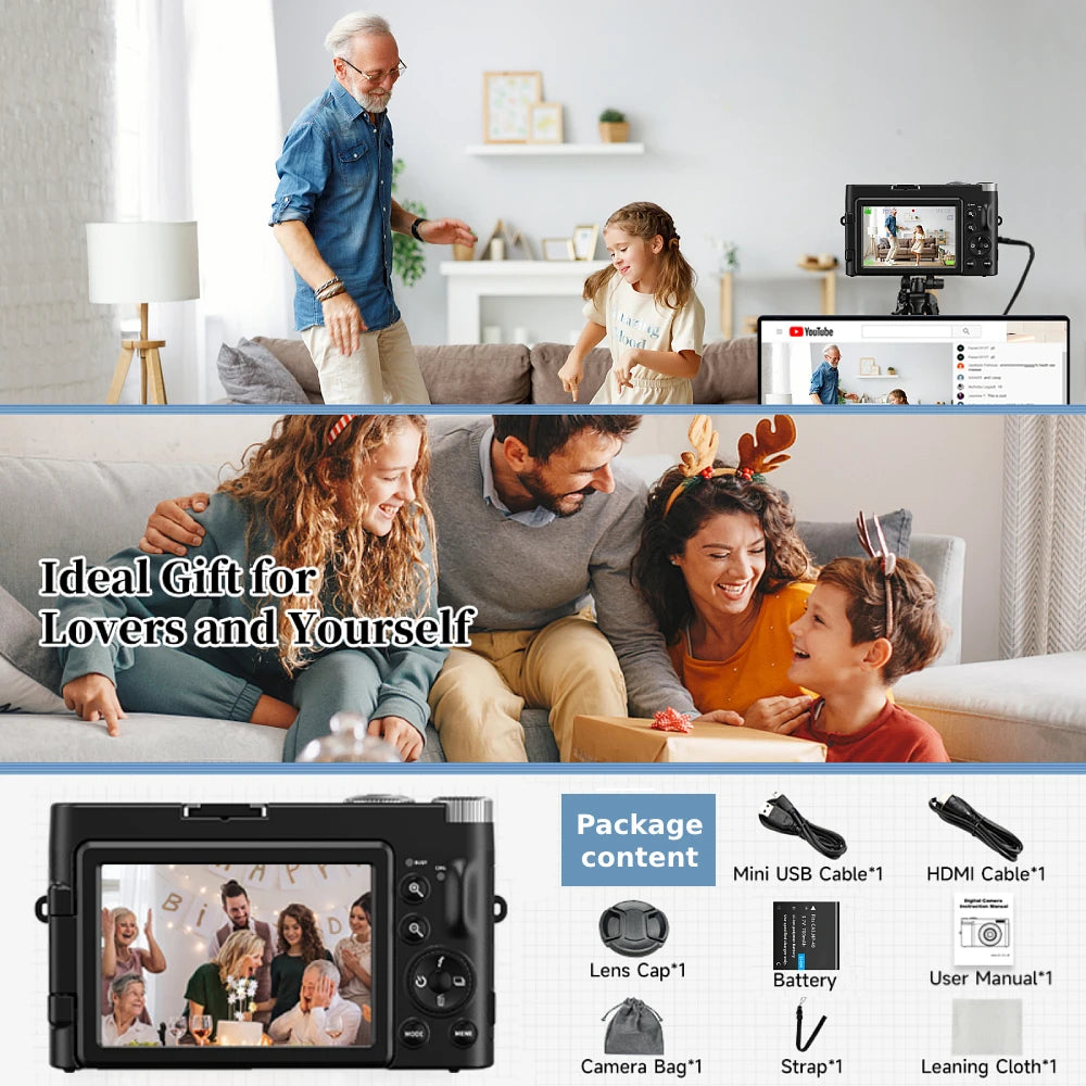 Melcam 4K Digital Camera with Flip Screen – 48MP Autofocus Vlogging Camera for Photography & Video, Anti-Shake, Flash, 16X Zoom