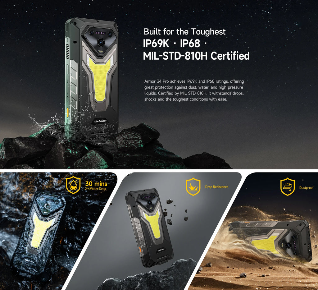 Ulefone Armor 34 Pro 5G – Rugged AI Smartphone with Built-in Projector, 25500mAh Battery, 120Hz Display, and 32GB+512GB Storage