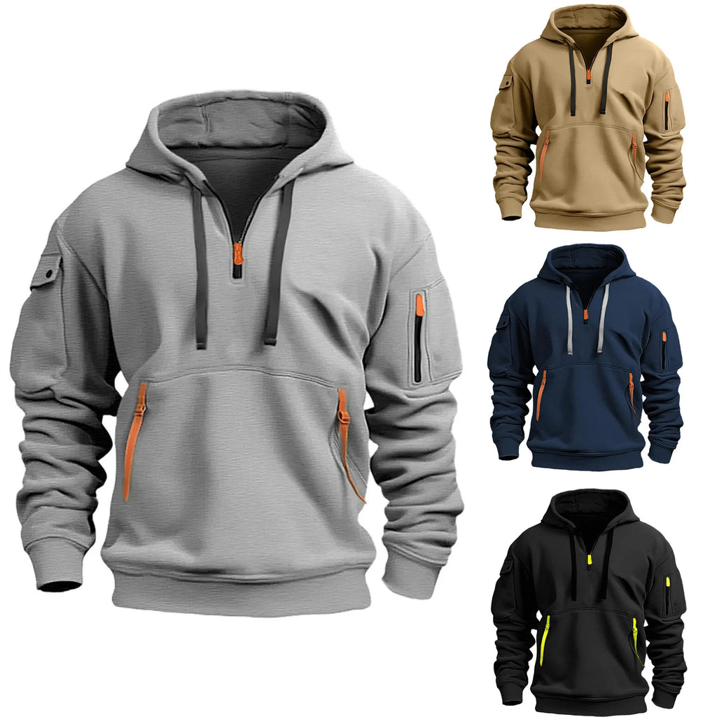 Unisex Multi-Pocket Fleece Hooded Pullover – Plus Size Casual Zip-Up Sweatshirt
