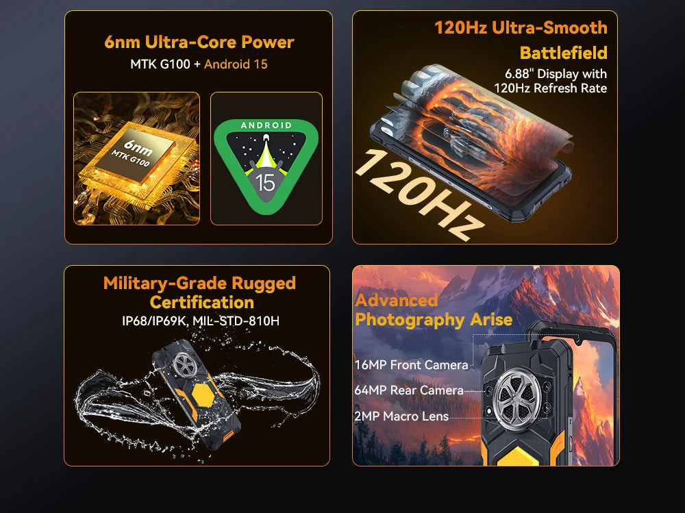 Cubot KingKong Power 5 – Rugged Smartphone with 15300mAh Battery, 6.88" 120Hz Display, Android 15, 16GB RAM + 128GB Storage, IP68/IP69K