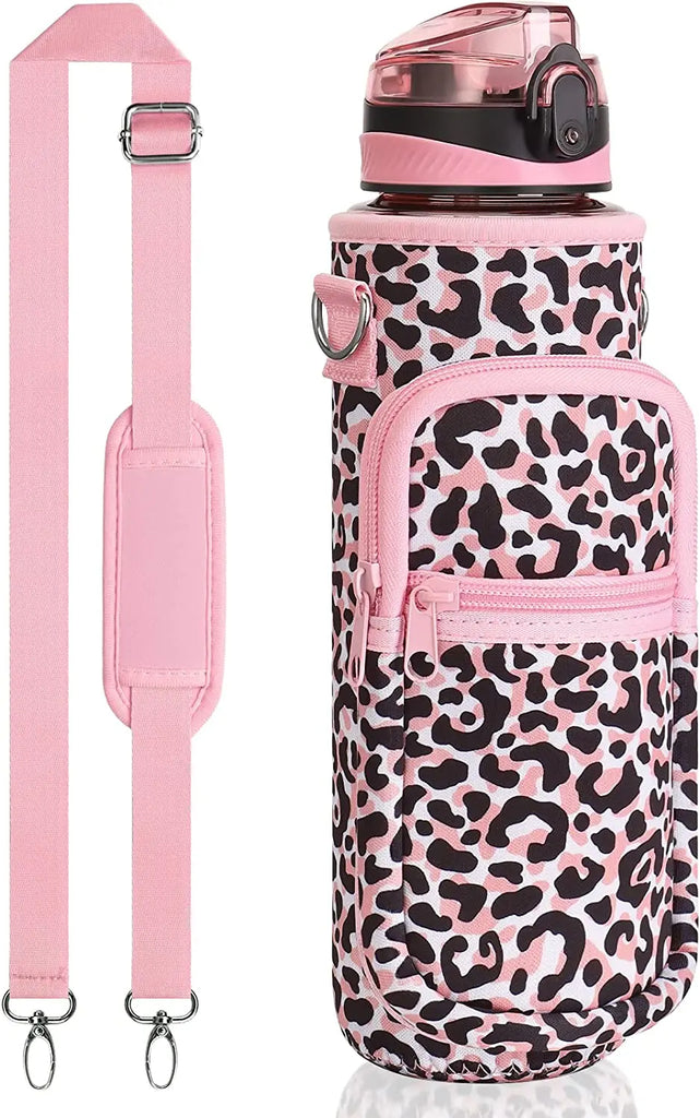 32 oz Motivational Water Bottle with Sleeve – Leakproof BPA-Free Bottle with Straw, Time Marker & Adjustable Strap Carrier (1L)