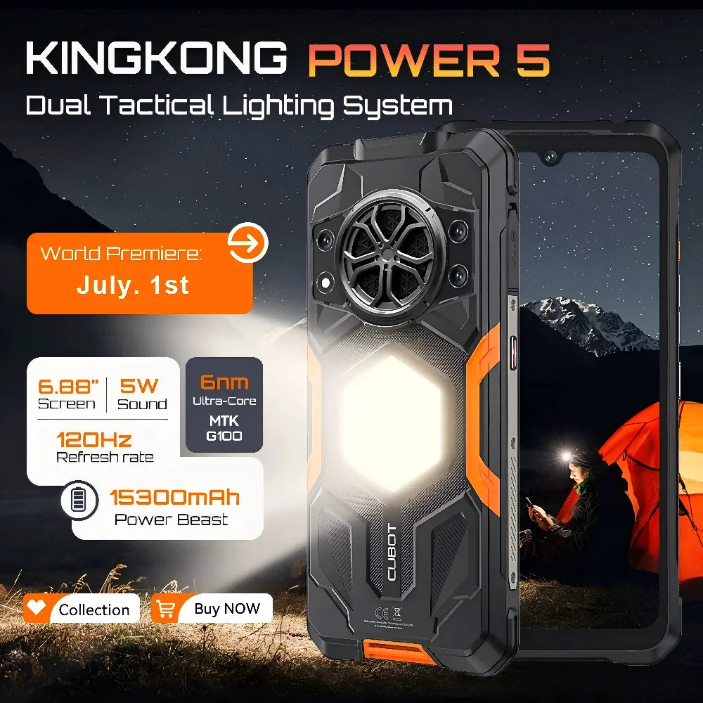 Cubot KingKong Power 5 – Rugged Smartphone with 15300mAh Battery, 6.88" 120Hz Display, Android 15, 16GB RAM + 128GB Storage, IP68/IP69K