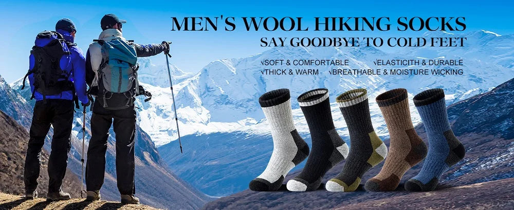5 Pairs Men’s Merino Wool Hiking Socks – Warm, Moisture-Wicking Winter Crew Socks for Outdoor & Casual Wear (US Size 7–13)