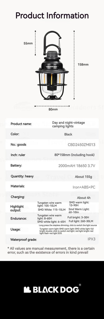 Naturehike Blackdog Camping Hanging Light – Portable Vintage LED Tent Lantern, IPX3 Waterproof, Ultralight 155g with 2000mAh Battery