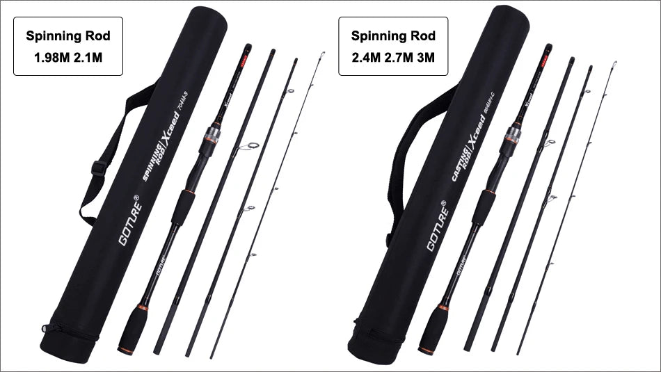 Goture Xceed 1.98–3.6m Fuji Guide Ring Carbon Spinning & Casting Fishing Rod (M/MH Power) – 4-Piece Travel Rod with Tube Bag