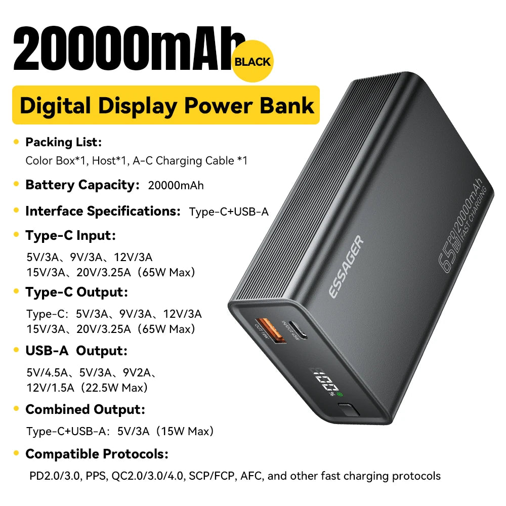 Essager 20000mAh 65W PD Power Bank – Fast Charging Portable Battery with Built-in Cables & LED Lamp