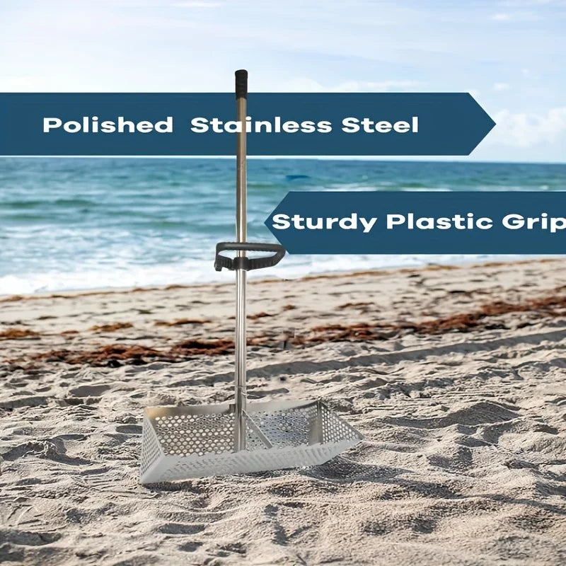 Premium Stainless Steel Sand Flea Rake & Beach Sand Scoop – 16" Wide, Anti-Rust, Ergonomic Design for Treasure Hunting & Metal Detecting