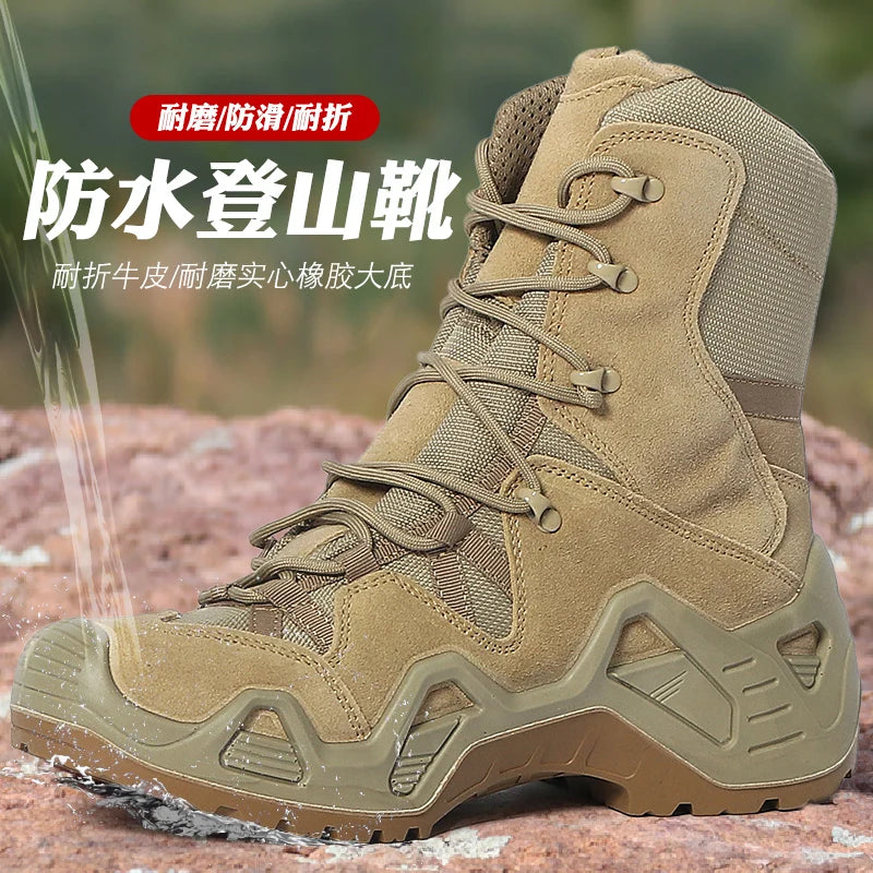 Men’s Tactical Combat Hiking Boots – Waterproof Nylon & Suede Outdoor High Tops for Work, Climbing & Trekking