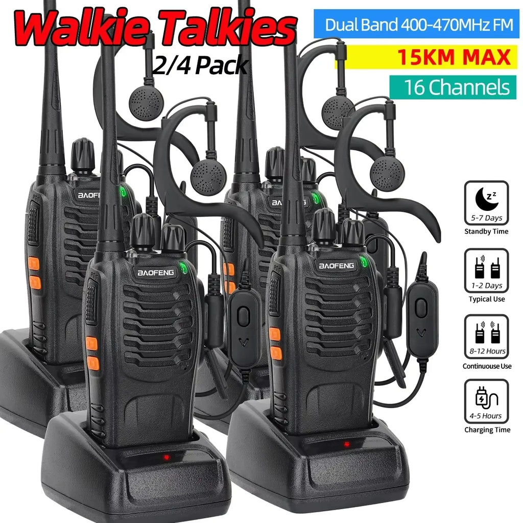 2 or 4 Pack Baofeng BF-888S V2 UHF Long-Range Walkie Talkies – 16-Channel Portable Two-Way Radios (400–470MHz, 5–10W, High-Capacity Battery)