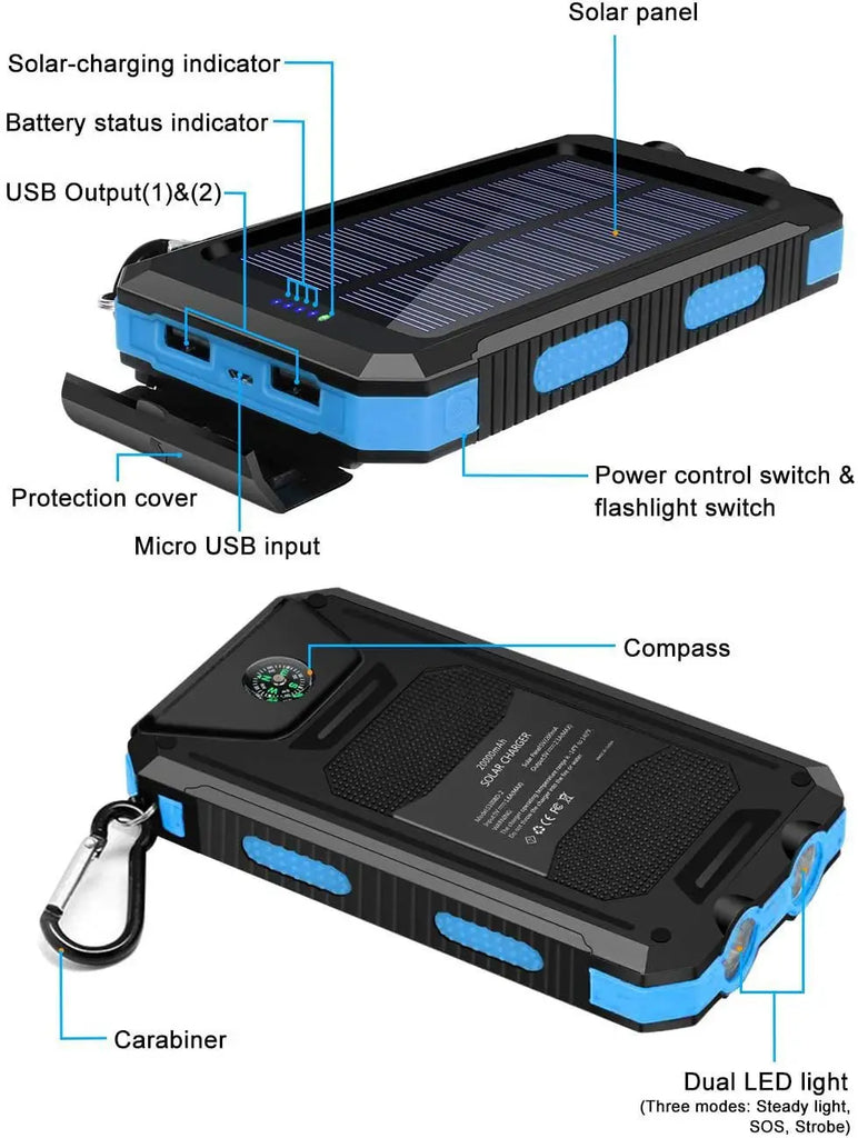 Solar Power Bank – Waterproof, Fast Charging, High-Capacity Powerbank with SOS & LED Light for Outdoor Survival