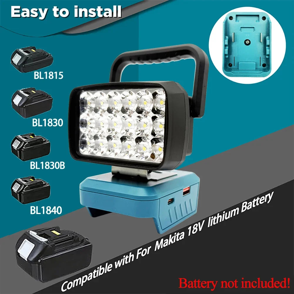 18-LED Portable Work Light – Compatible with Makita, Milwaukee & DeWalt 18V/20V Batteries – 1500LM Spotlight Torch with USB Output