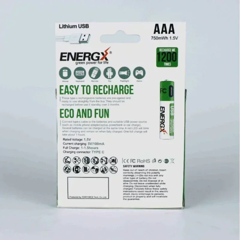 TDRFORCE AA/AAA 1.5V USB Rechargeable Lithium Batteries – 2600mWh/750mWh (4-Pack, CE Certified)