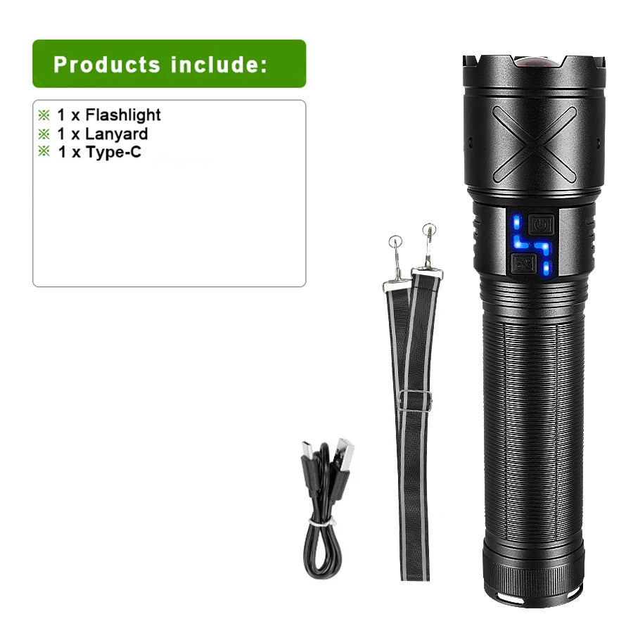Ultra Bright 15000mAh LED Tactical Flashlight – USB Rechargeable, Zoomable, Long Range (Up to 6000M)