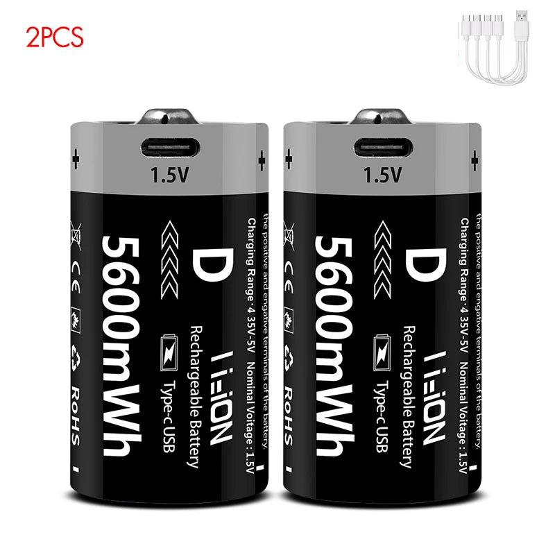 MATOV USB Rechargeable D Size Battery – 1.5V 5600mWh LR20 Lithium-ion D-Cell (2 or 4 Pack)