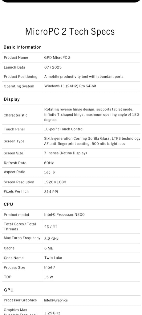 GPD MicroPC 2 – 7-Inch Mini Laptop with Intel® Core™ i3-N300/N250, 16GB RAM & 512GB SSD – Ultra-Portable Windows 11 Pocket Computer