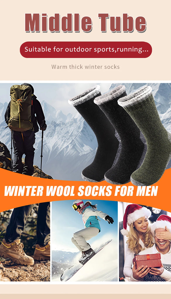 3 Pairs Merino Wool Thermal Socks for Men – Super Thick Winter Crew Socks with Fleece Terry Lining