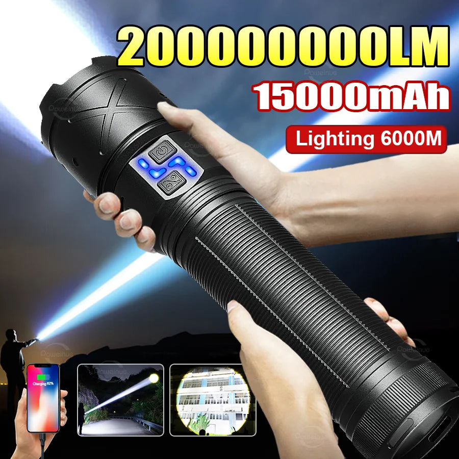 Ultra Bright 15000mAh LED Tactical Flashlight – USB Rechargeable, Zoomable, Long Range (Up to 6000M)