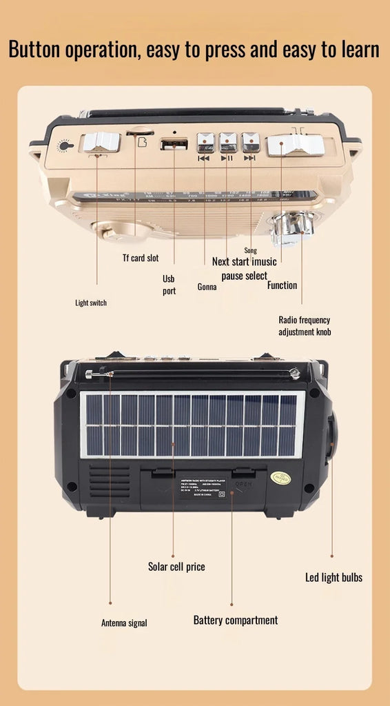 Hand Crank Emergency Weather Radio with Bluetooth – Solar/USB Rechargeable, Portable Power Bank