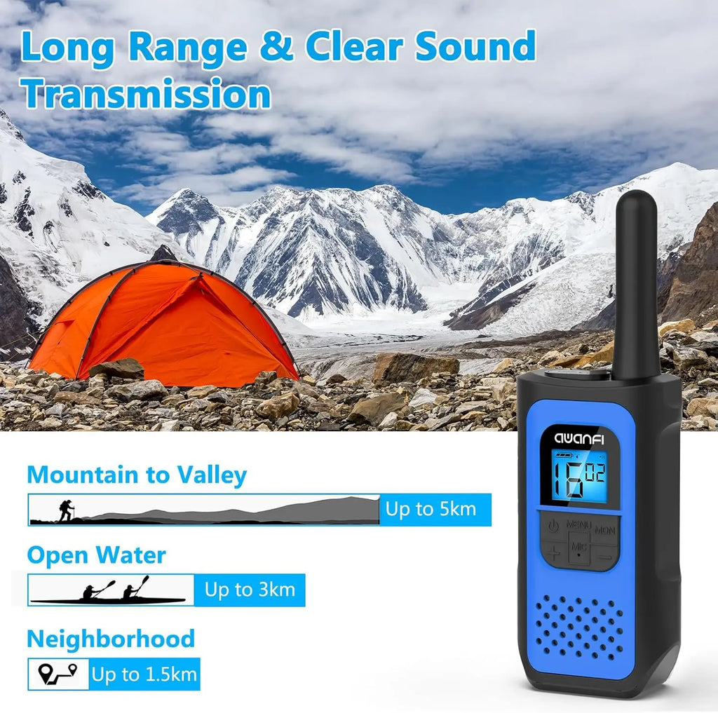 AWANFI Rechargeable Walkie Talkies (2/3/4-Pack) β Long Range 2-Way Radios with 16 Channels, VOX, USB-C Charging β Ideal for Kids & Adults, Outdoor Camping & Hiking