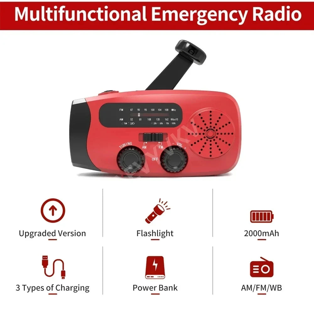 Multifunctional Emergency Solar Hand Crank Radio – AM/FM/WB NOAA Weather Radio with 2000mAh Power Bank & LED Flashlight