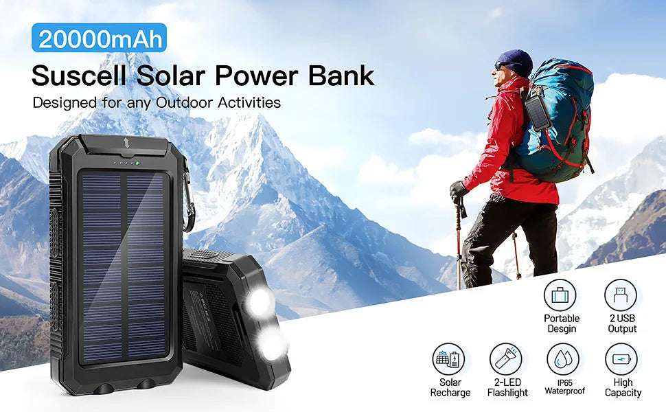 Solar Power Bank – Waterproof, Fast Charging, High-Capacity Powerbank with SOS & LED Light for Outdoor Survival
