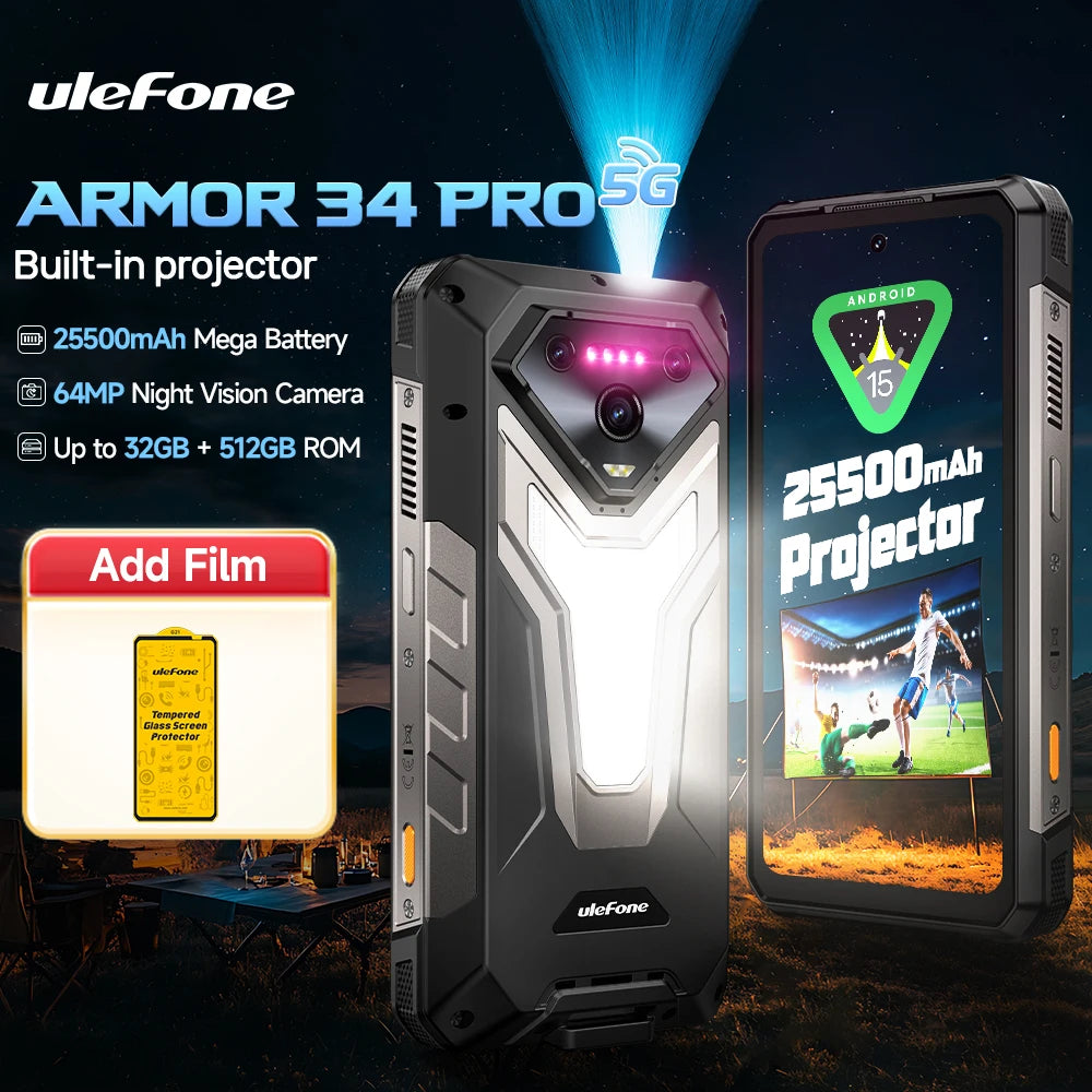 Ulefone Armor 34 Pro 5G – Rugged AI Smartphone with Built-in Projector, 25500mAh Battery, 120Hz Display, and 32GB+512GB Storage