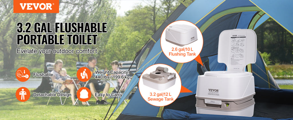 VEVOR Portable Camping Toilet – 3.2/5.3 Gal Waste Tank, 2.6/3.2 Gal Flush Tank, Pressurized Flush with Level Indicator – Compact, Durable & Odor-Free