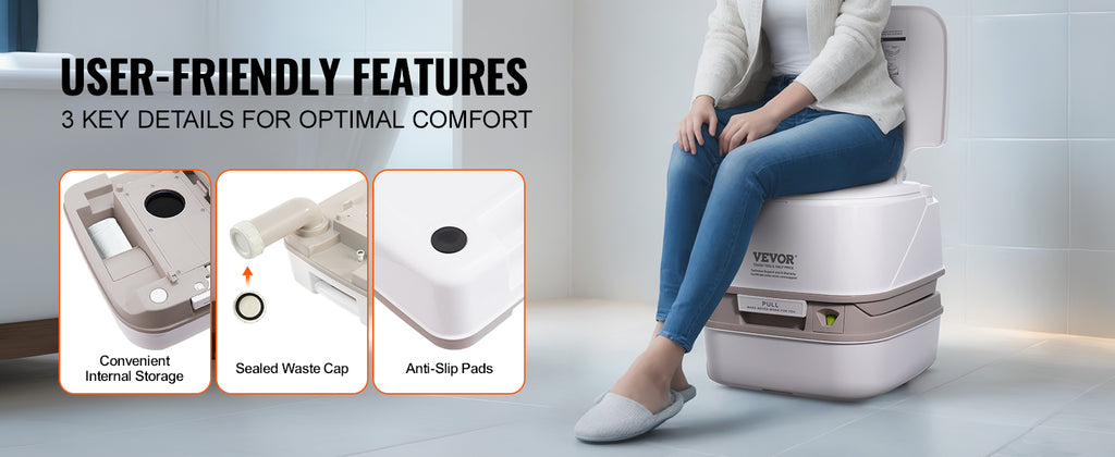 VEVOR Portable Camping Toilet – 3.2/5.3 Gal Waste Tank, 2.6/3.2 Gal Flush Tank, Pressurized Flush with Level Indicator – Compact, Durable & Odor-Free